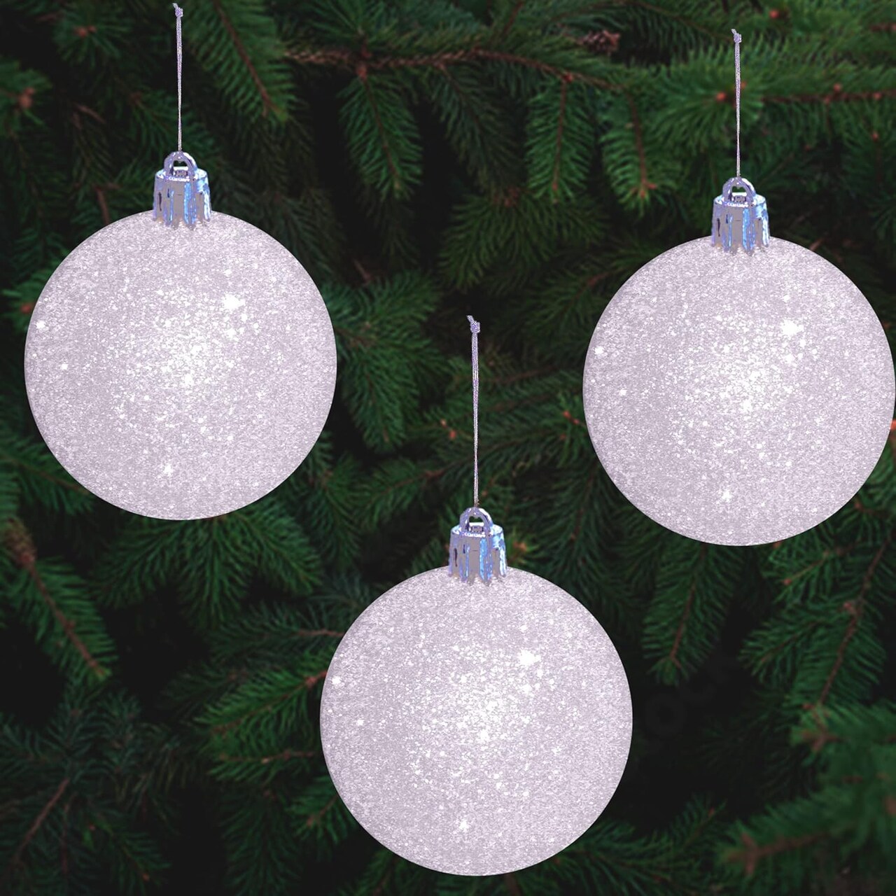 4E's Novelty White Snowball Ornaments Set of 12, Large 3.15" Iridescent Shatterproof Glitter Balls for Christmas Tree, Winter Decor, Pre-Strung White Holiday Ornaments